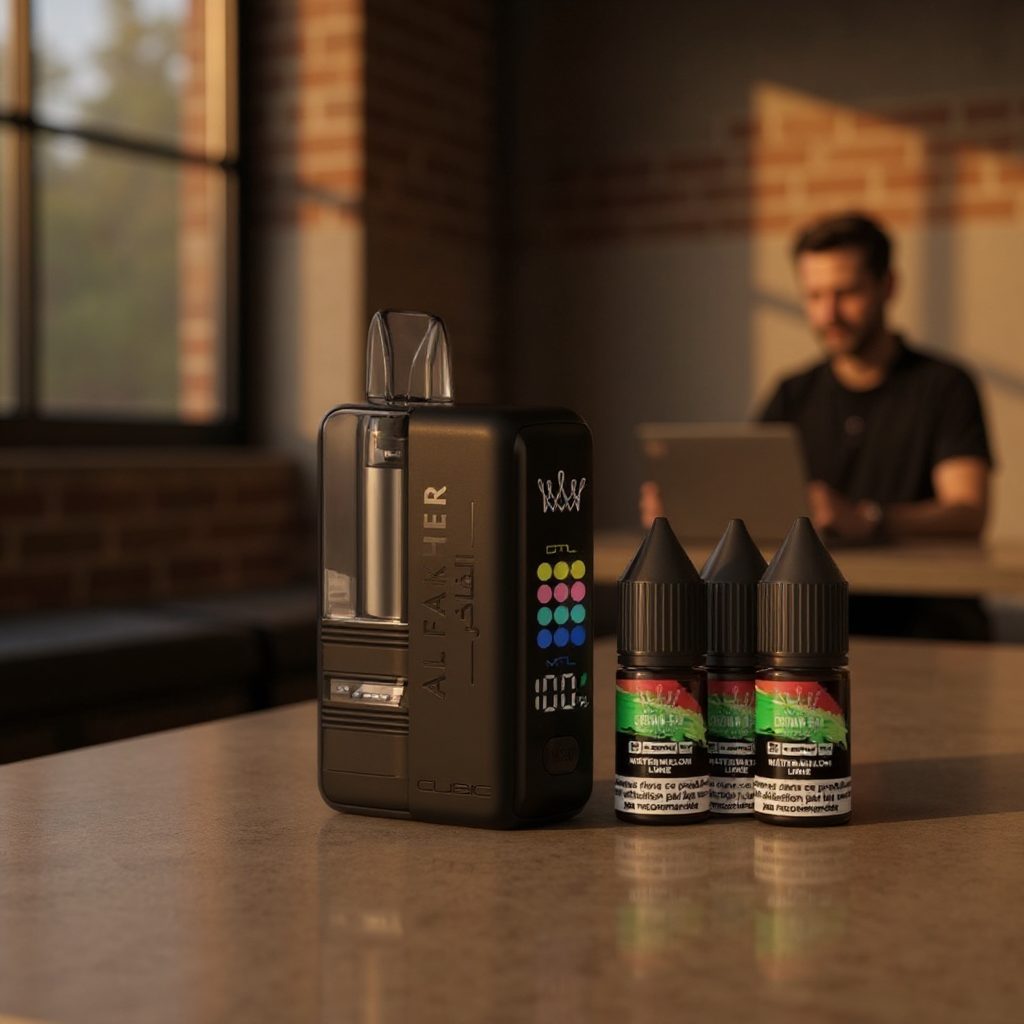Puff Al Fakher 30K sur table avec deux fioles d’e-liquides – puff rechargeable grosse capacité, alternative légale et écologique